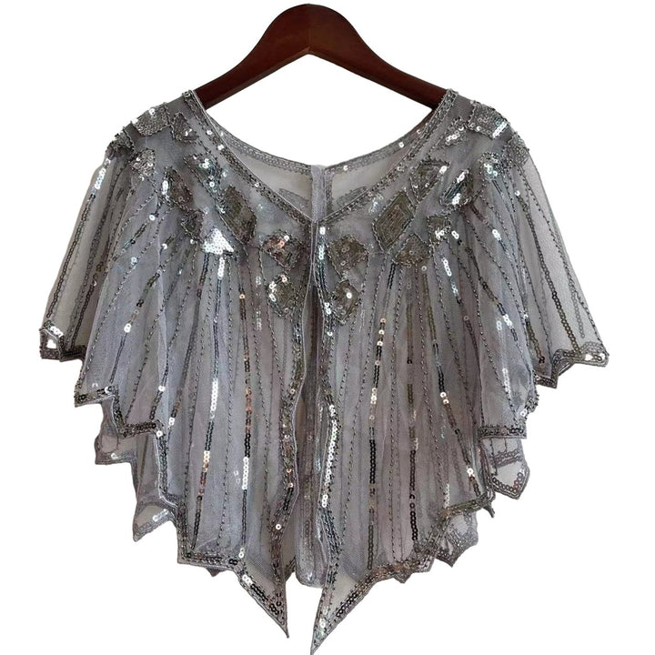 Women Prom Shawl Beaded Sequin Decor See-through Short V Neck Thin Shoulder Decoration Soft Image 4