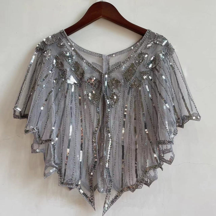 Women Prom Shawl Beaded Sequin Decor See-through Short V Neck Thin Shoulder Decoration Soft Image 10