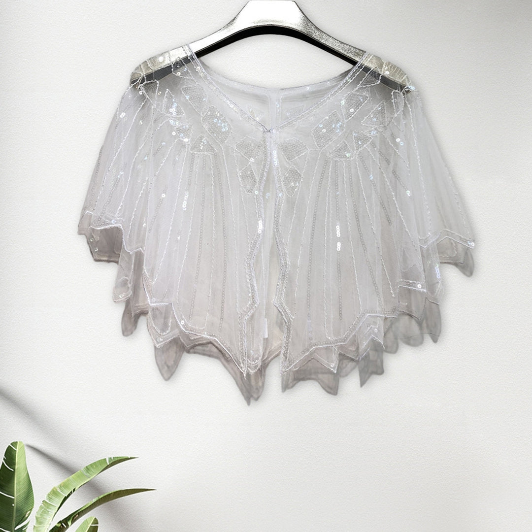 Women Prom Shawl Beaded Sequin Decor See-through Short V Neck Thin Shoulder Decoration Soft Image 12