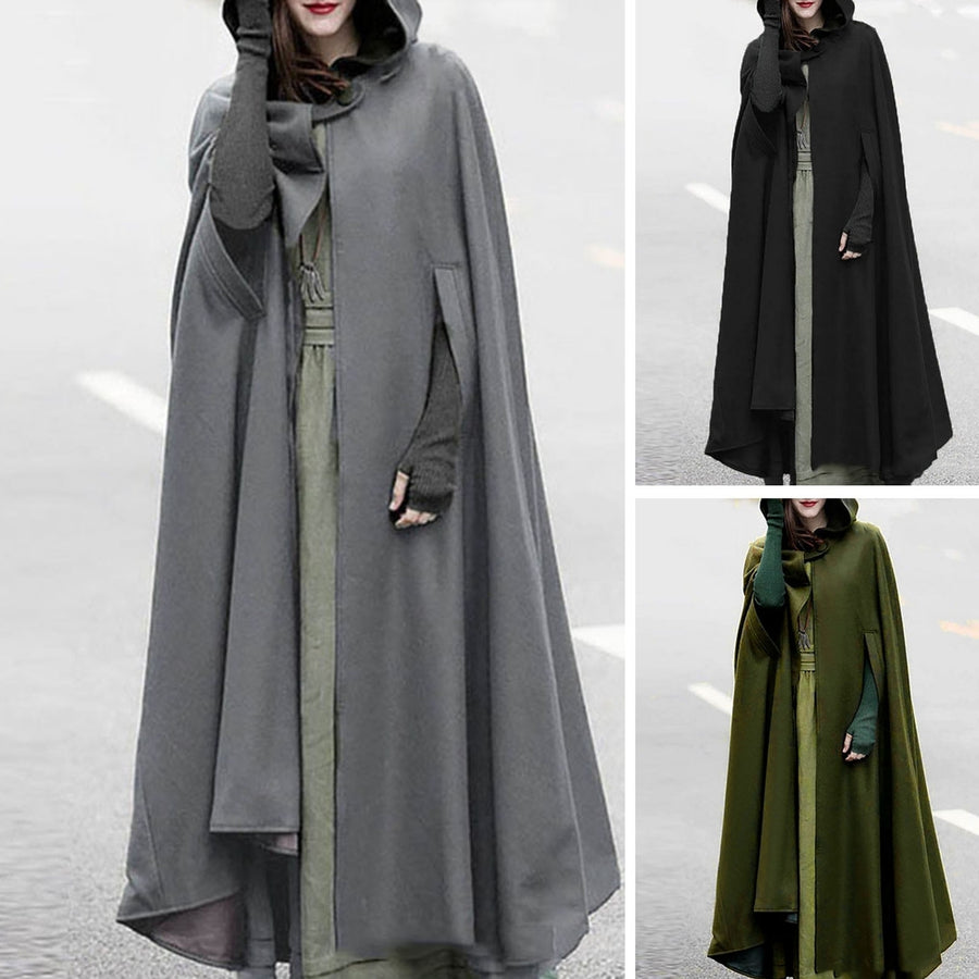 Winter Women Cloak Thickened Loose Warm Windproof Lengthened Medieval Style Single Button Closure Sleeve Holes Hooded Image 1