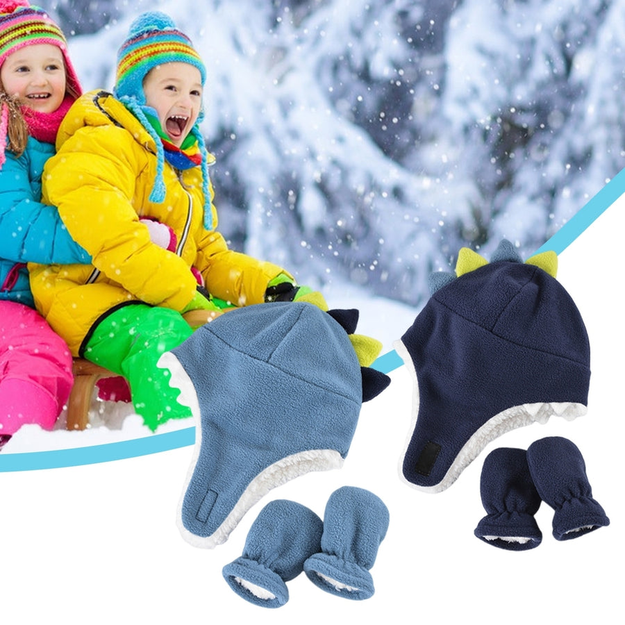 2Pcs/Set Baby Girl Boy Hats Mittens Set Double Layer Cartoon Dinosaur Shape Earflap Hat Warm Polar Fleece Gloves Set Image 1
