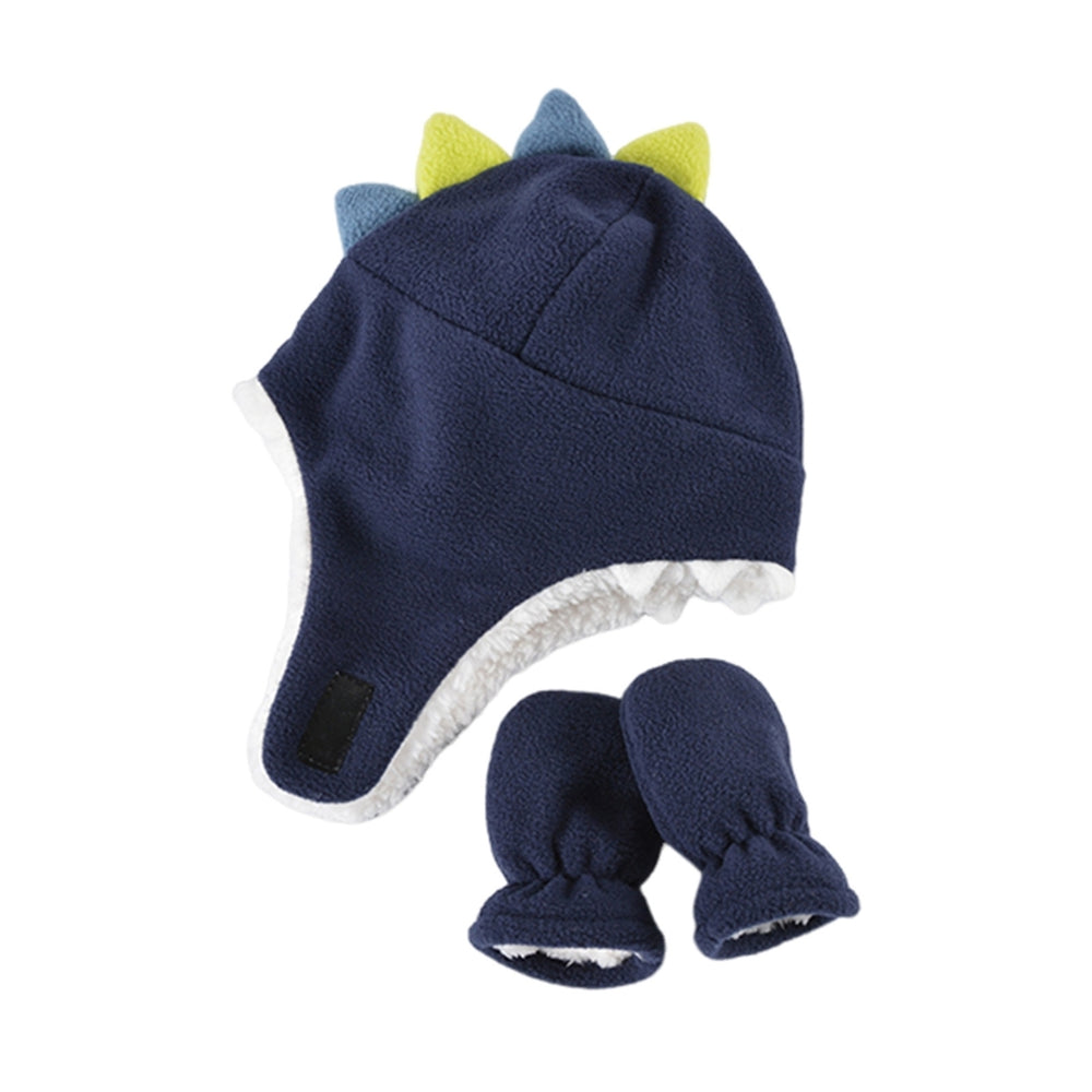 2Pcs/Set Baby Girl Boy Hats Mittens Set Double Layer Cartoon Dinosaur Shape Earflap Hat Warm Polar Fleece Gloves Set Image 2