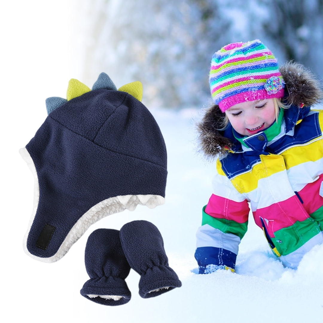 2Pcs/Set Baby Girl Boy Hats Mittens Set Double Layer Cartoon Dinosaur Shape Earflap Hat Warm Polar Fleece Gloves Set Image 4