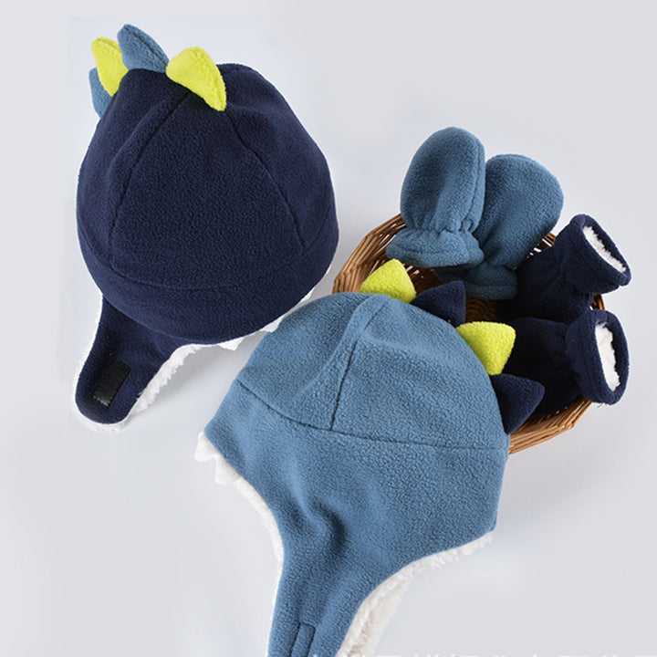 2Pcs/Set Baby Girl Boy Hats Mittens Set Double Layer Cartoon Dinosaur Shape Earflap Hat Warm Polar Fleece Gloves Set Image 4