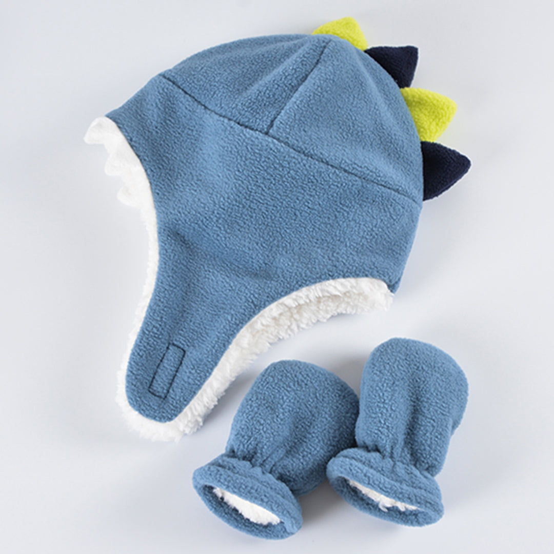 2Pcs/Set Baby Girl Boy Hats Mittens Set Double Layer Cartoon Dinosaur Shape Earflap Hat Warm Polar Fleece Gloves Set Image 9