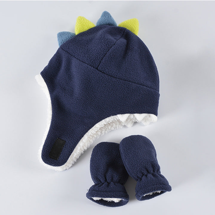 2Pcs/Set Baby Girl Boy Hats Mittens Set Double Layer Cartoon Dinosaur Shape Earflap Hat Warm Polar Fleece Gloves Set Image 10