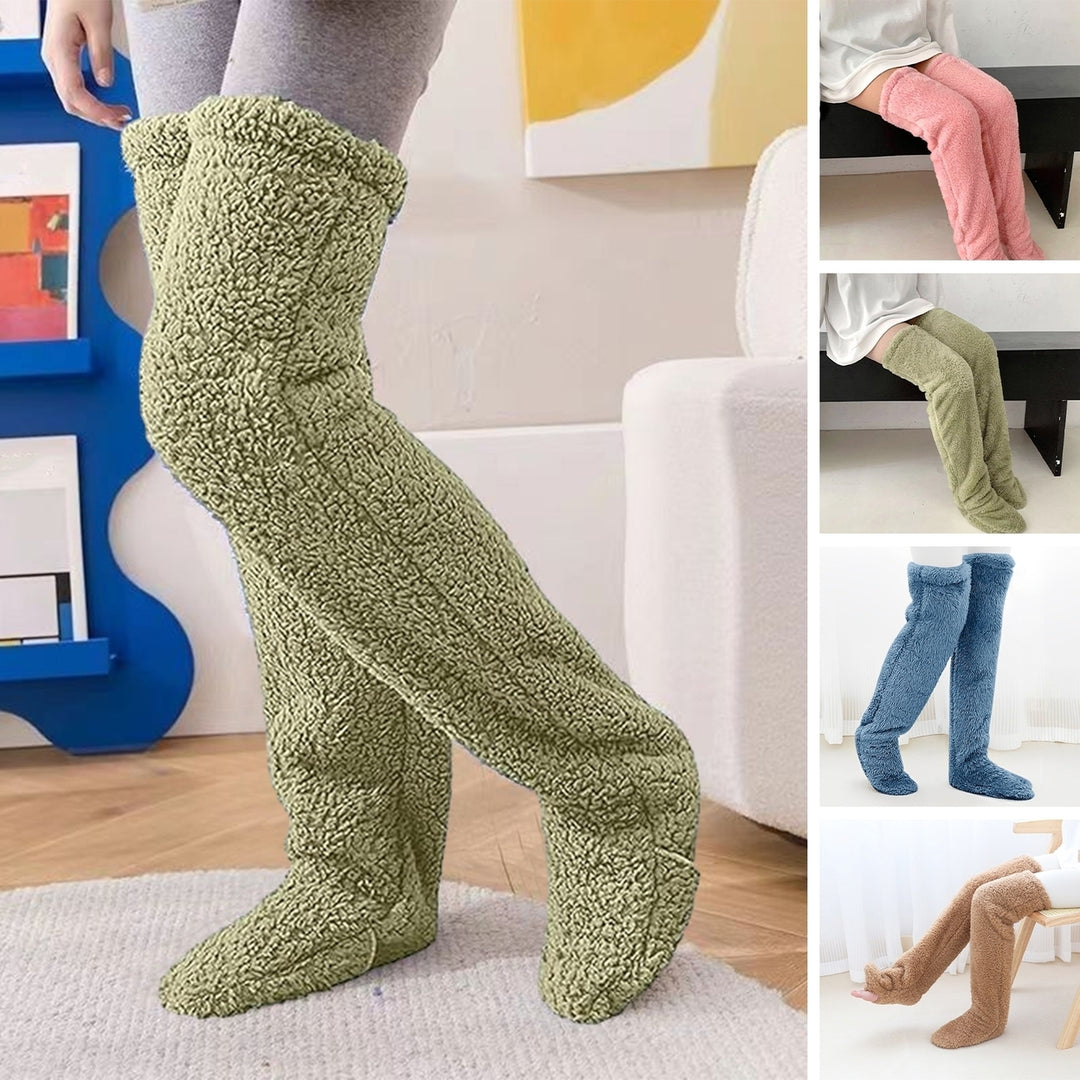 2 Pairs Winter Floor Socks Thick Double Sided Velvet Solid Color Over-the-knee Length Elastic Image 1