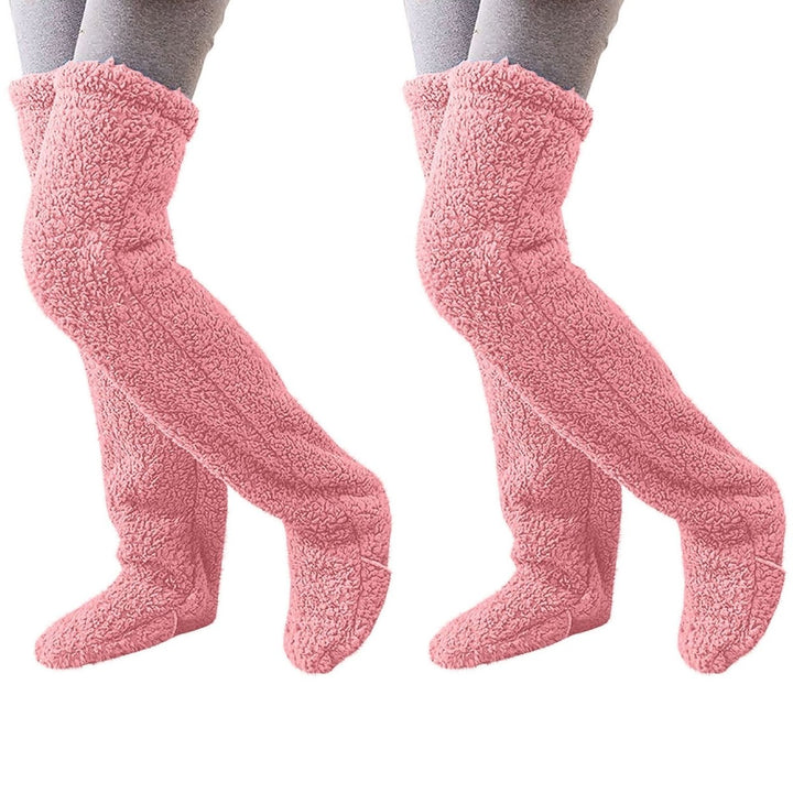 2 Pairs Winter Floor Socks Thick Double Sided Velvet Solid Color Over-the-knee Length Elastic Image 1