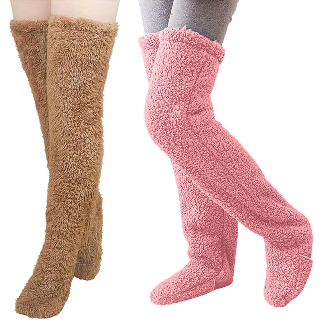 2 Pairs Winter Floor Socks Thick Double Sided Velvet Solid Color Over-the-knee Length Elastic Image 6