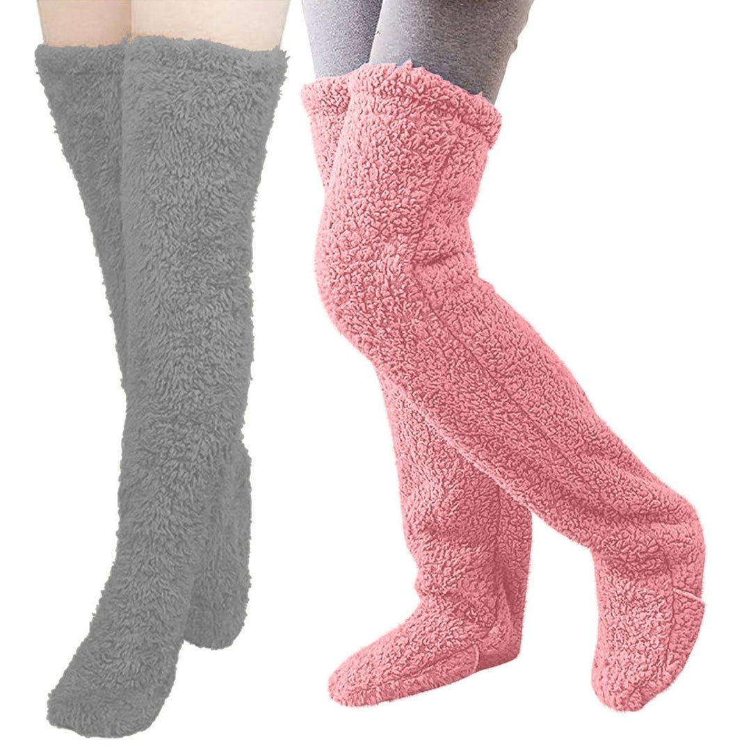 2 Pairs Winter Floor Socks Thick Double Sided Velvet Solid Color Over-the-knee Length Elastic Image 1