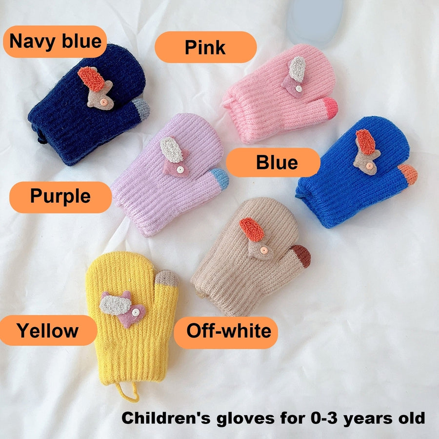 1 Pair Children Gloves Cartoon Decor Color Matching Knitted Thick Warm Neck-hanging Anti-lost Image 1