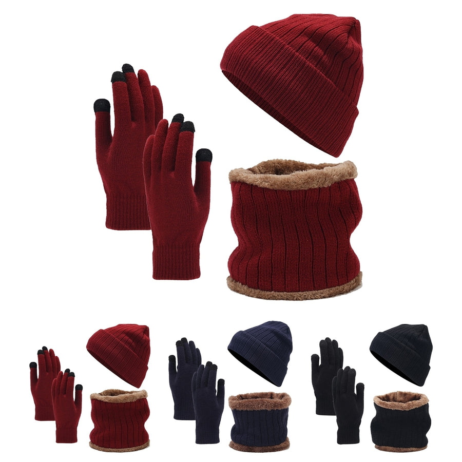 3Pcs/Set Unisex Winter Beanie Hat Scarf Gloves Set Warm Fleece Lining Knit Hat Touch Screen Gloves Neck Scarf Set Image 1