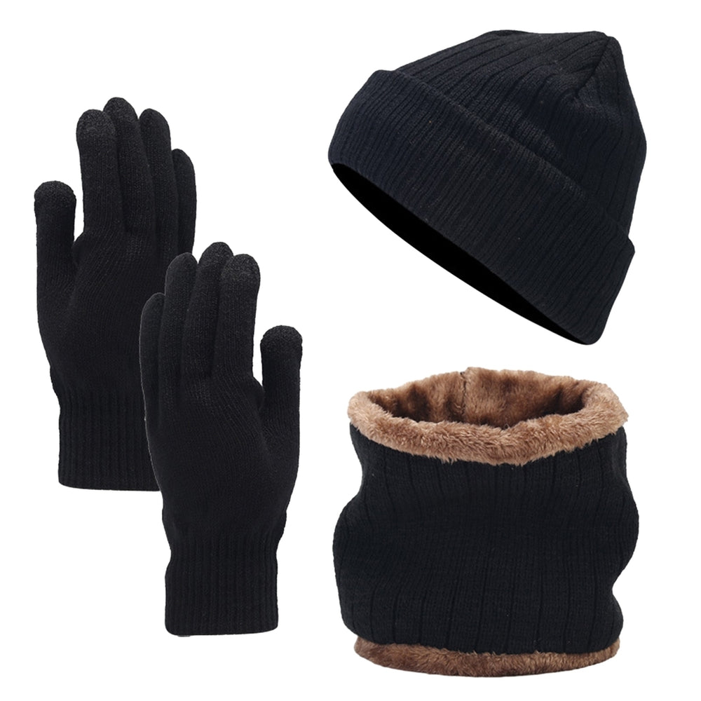 3Pcs/Set Unisex Winter Beanie Hat Scarf Gloves Set Warm Fleece Lining Knit Hat Touch Screen Gloves Neck Scarf Set Image 2