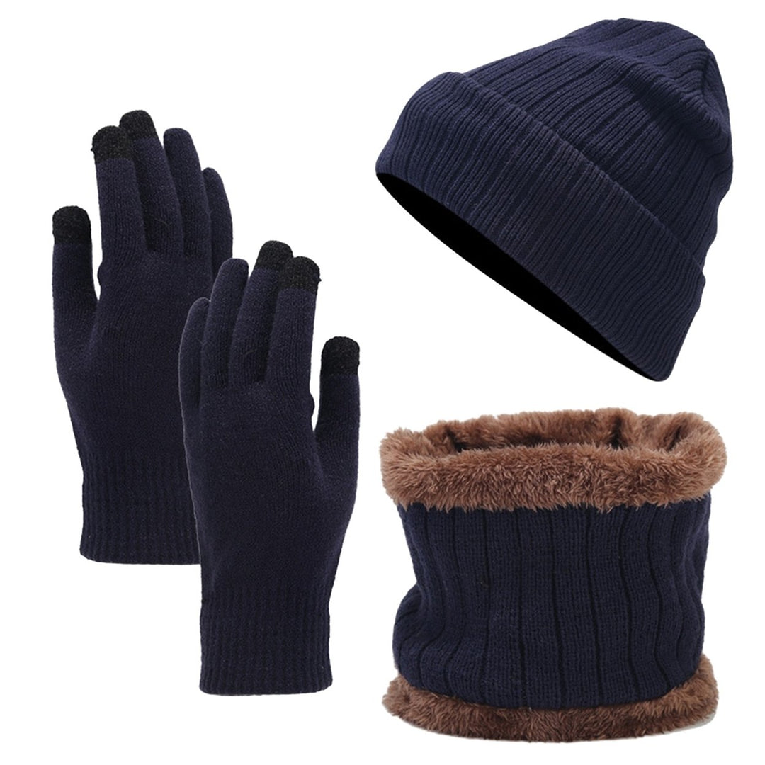 3Pcs/Set Unisex Winter Beanie Hat Scarf Gloves Set Warm Fleece Lining Knit Hat Touch Screen Gloves Neck Scarf Set Image 3