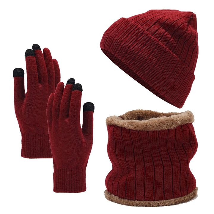 3Pcs/Set Unisex Winter Beanie Hat Scarf Gloves Set Warm Fleece Lining Knit Hat Touch Screen Gloves Neck Scarf Set Image 4