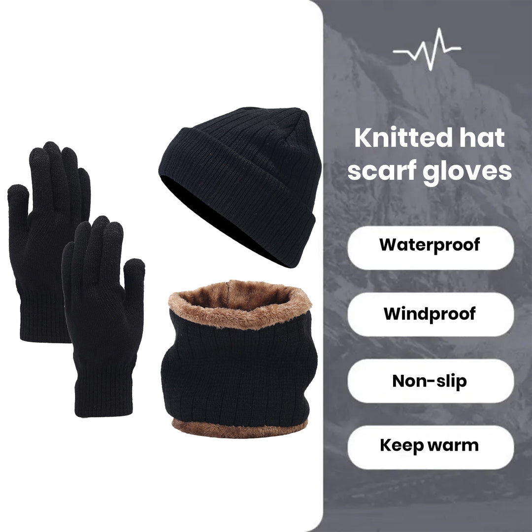 3Pcs/Set Unisex Winter Beanie Hat Scarf Gloves Set Warm Fleece Lining Knit Hat Touch Screen Gloves Neck Scarf Set Image 4