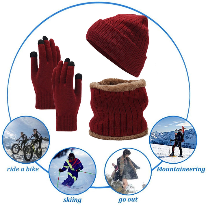 3Pcs/Set Unisex Winter Beanie Hat Scarf Gloves Set Warm Fleece Lining Knit Hat Touch Screen Gloves Neck Scarf Set Image 7