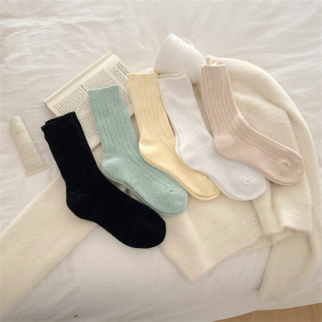 1 Pair Winter Socks Mid-tube Solid Color Knitted Anti-slip Great Elasticity Ankle Protection Thick Soft Striped No Odor Image 1