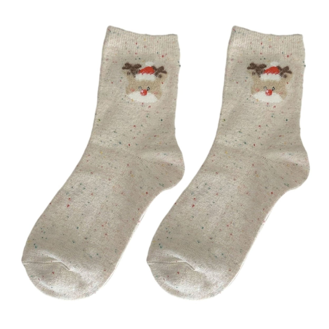 1 Pair Christmas Socks Elk Snowman Print Mid-tube Good Elasticity Anti-slip Thick Warm Soft No Odor Knitted Lady Year Image 1