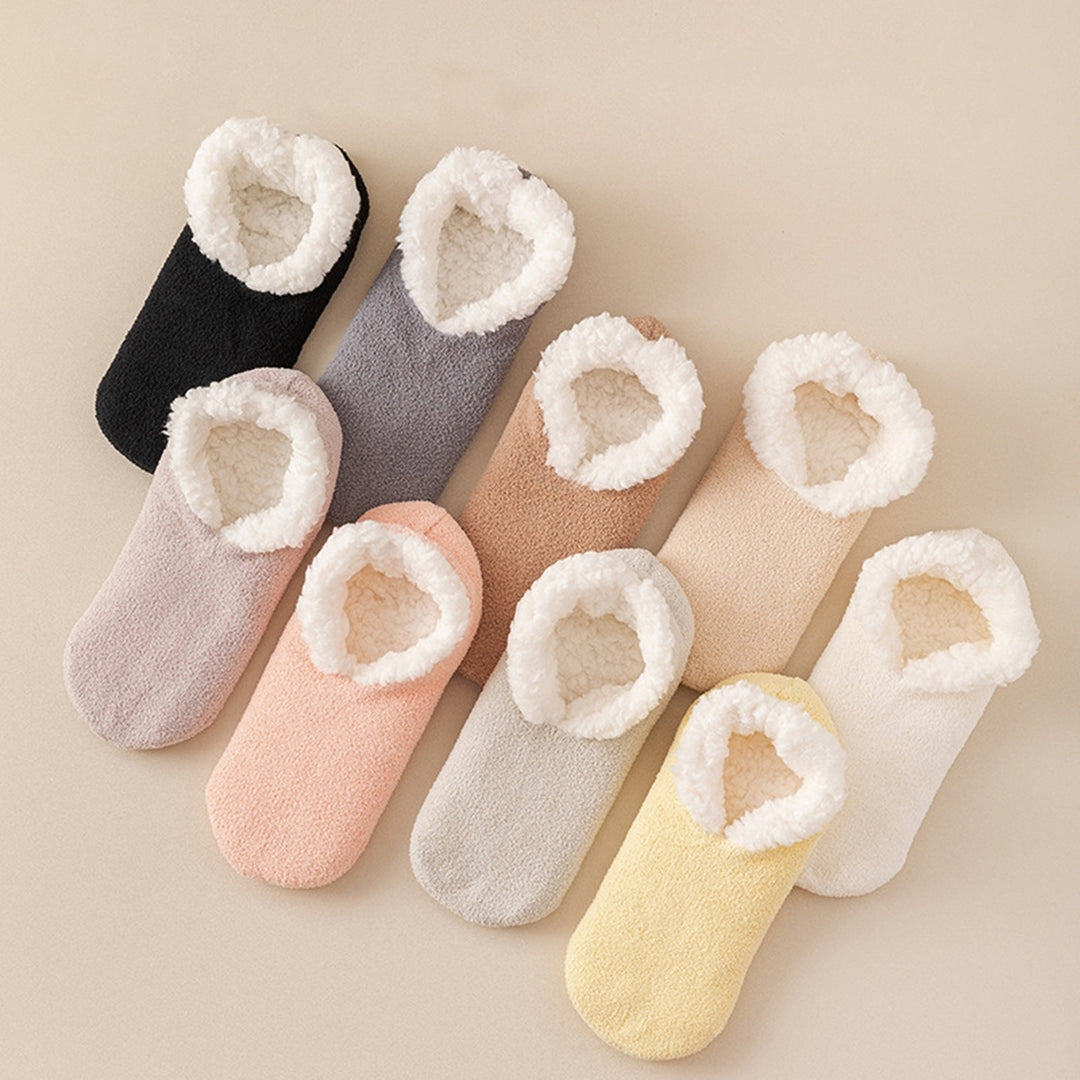 1 Pair Floor Shoes Socks Solid Color Thick Plush Lining Non-slip Warm Soft Winter Thermal Women Girls Indoor Home Image 11