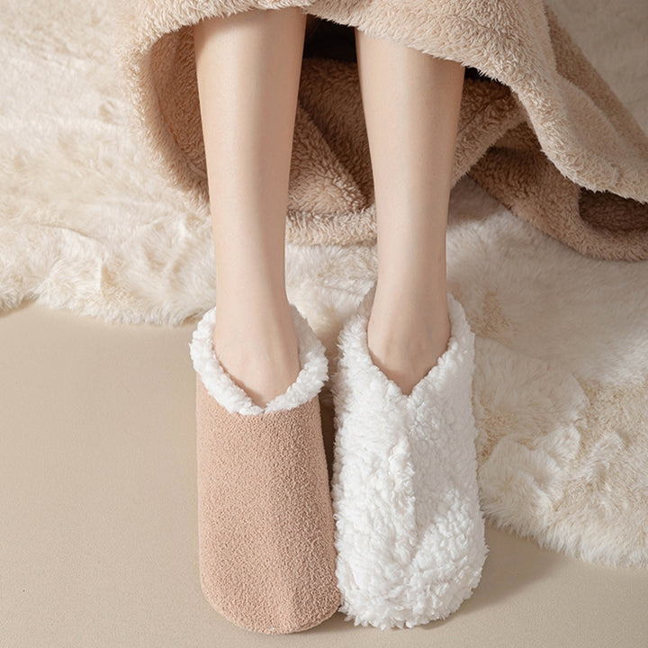 1 Pair Floor Shoes Socks Solid Color Thick Plush Lining Non-slip Warm Soft Winter Thermal Women Girls Indoor Home Image 12