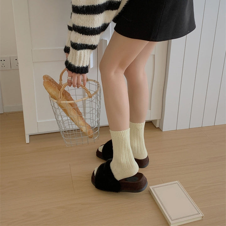 1 Pair Winter Socks Mid-tube Solid Color Knitted Anti-slip Great Elasticity Ankle Protection Thick Soft Striped No Odor Image 12
