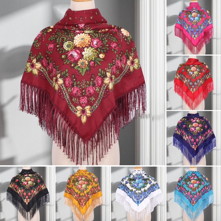 Ethic Style Floral Print Shawl Fringed Elegant Soft Warm Fall Winter Middle-Aged Elderly Women Square Blanket Scarf Neck Image 1