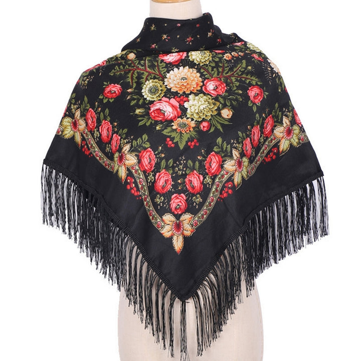 Ethic Style Floral Print Shawl Fringed Elegant Soft Warm Fall Winter Middle-Aged Elderly Women Square Blanket Scarf Neck Image 2