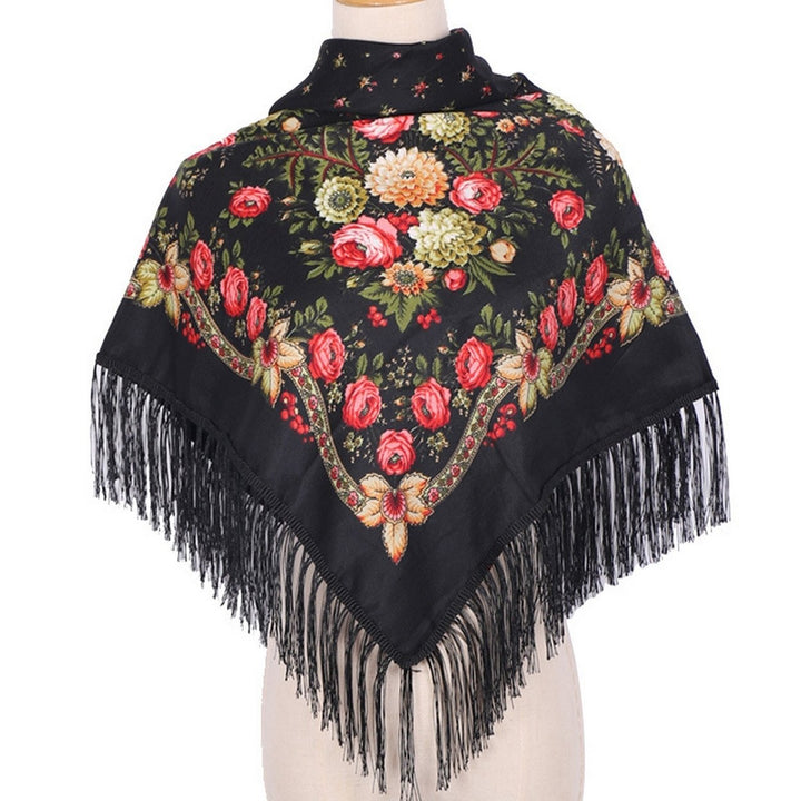 Ethic Style Floral Print Shawl Fringed Elegant Soft Warm Fall Winter Middle-Aged Elderly Women Square Blanket Scarf Neck Image 1