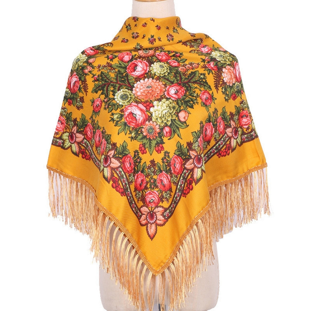 Ethic Style Floral Print Shawl Fringed Elegant Soft Warm Fall Winter Middle-Aged Elderly Women Square Blanket Scarf Neck Image 4