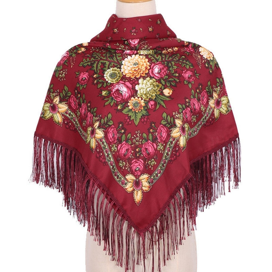 Ethic Style Floral Print Shawl Fringed Elegant Soft Warm Fall Winter Middle-Aged Elderly Women Square Blanket Scarf Neck Image 1