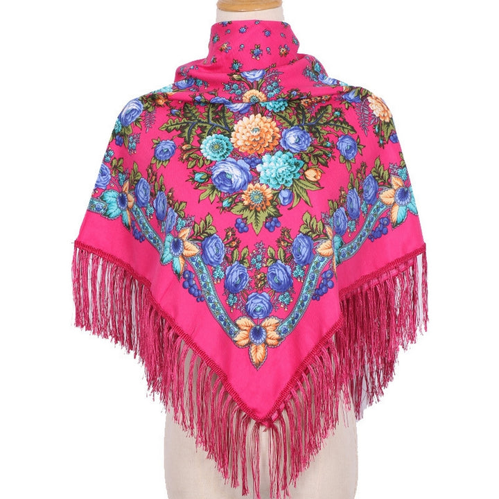 Ethic Style Floral Print Shawl Fringed Elegant Soft Warm Fall Winter Middle-Aged Elderly Women Square Blanket Scarf Neck Image 9