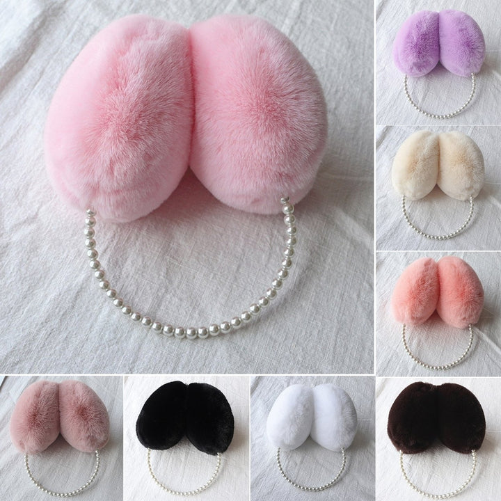 Cute Solid Color Plush Warm Earmuffs Girls Faux Pearls Winter Outdoor Ear Warmer Soft Furry Ear Covers Image 1