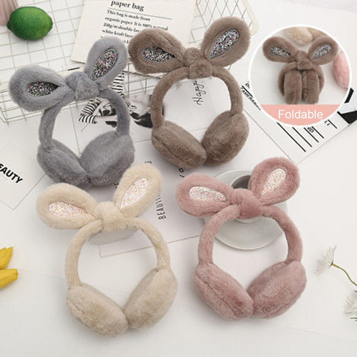 Women Soft Furry Winter Earmuffs Sequin Rabbit Ear Shape Foldable Warm Ear Covers Outdoor Adjustable Ear Warmers Image 1