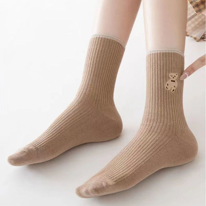 6 Pairs Socks Cartoon Bear Pattern Mid-tube High Elasticity Soft Thick Anti-slip Warm No Odor Breathable Women Fall Image 4