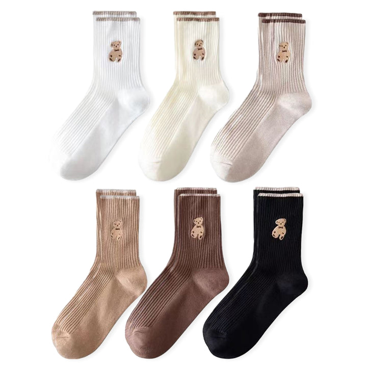 6 Pairs Socks Cartoon Bear Pattern Mid-tube High Elasticity Soft Thick Anti-slip Warm No Odor Breathable Women Fall Image 4