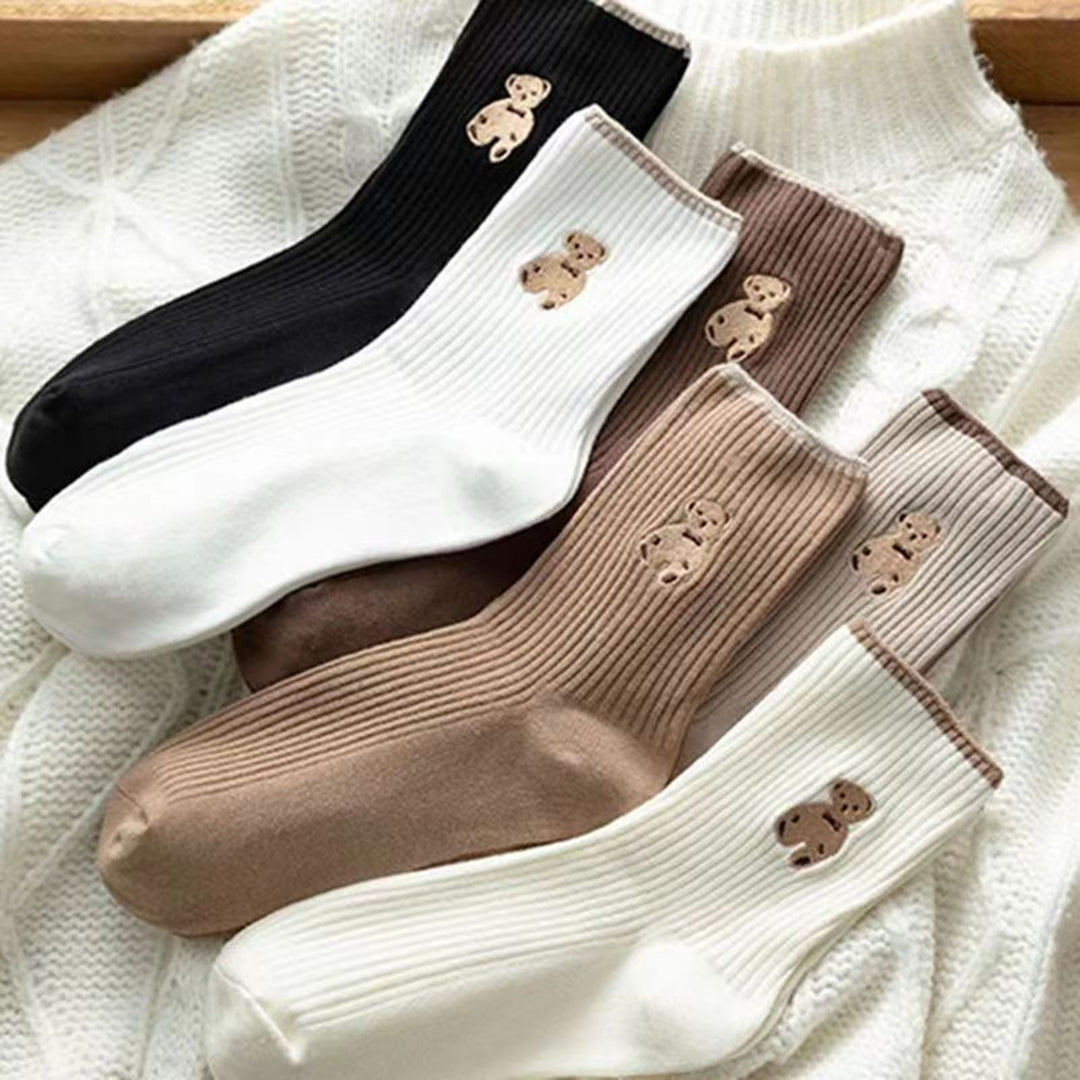 6 Pairs Socks Cartoon Bear Pattern Mid-tube High Elasticity Soft Thick Anti-slip Warm No Odor Breathable Women Fall Image 8