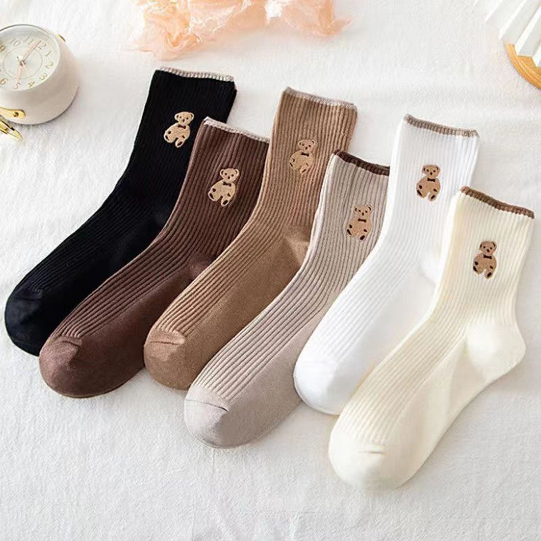 6 Pairs Socks Cartoon Bear Pattern Mid-tube High Elasticity Soft Thick Anti-slip Warm No Odor Breathable Women Fall Image 11