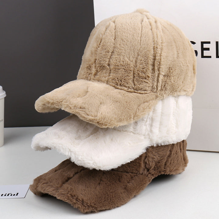 Fluffy Baseball Cap Wide Brim Design Solid Color UV-Proof Sun Protection Thick Plush Peaked Hat Women Cap Image 6