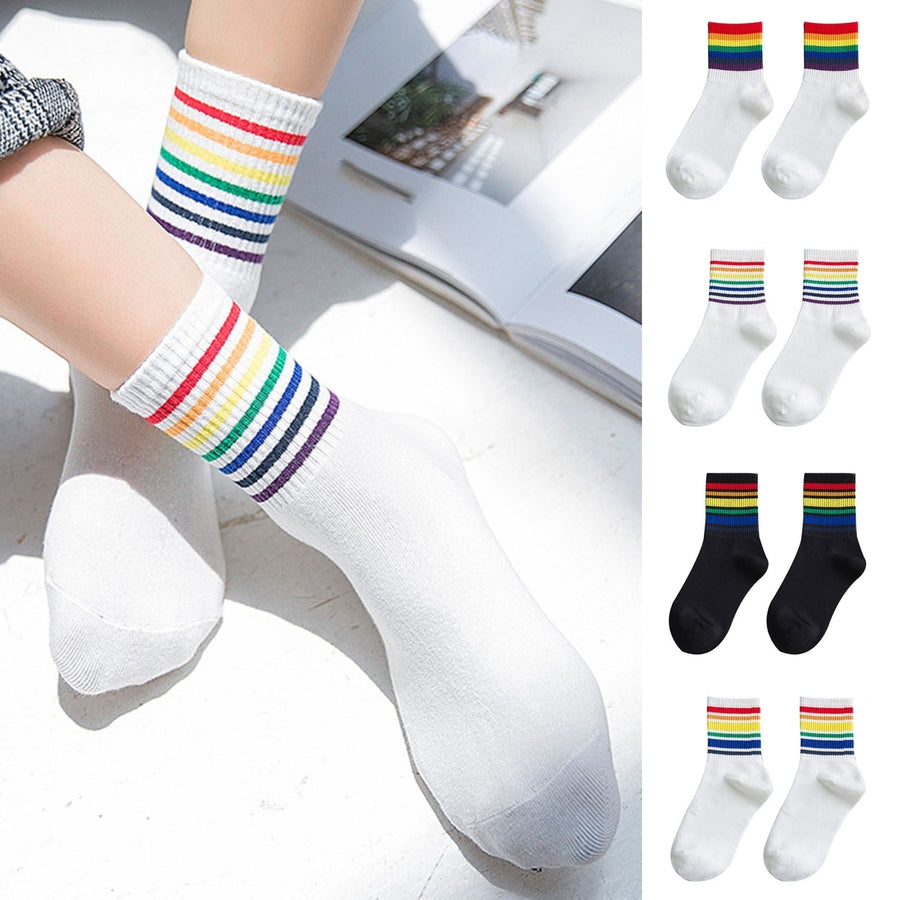 1 Pair Winter Socks Rainbow Color Striped Preppy Style Thick Anti-slip Warm Soft Mid-tube No Odor Ankle Protection Lady Image 1