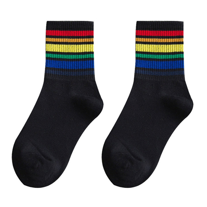 1 Pair Winter Socks Rainbow Color Striped Preppy Style Thick Anti-slip Warm Soft Mid-tube No Odor Ankle Protection Lady Image 2