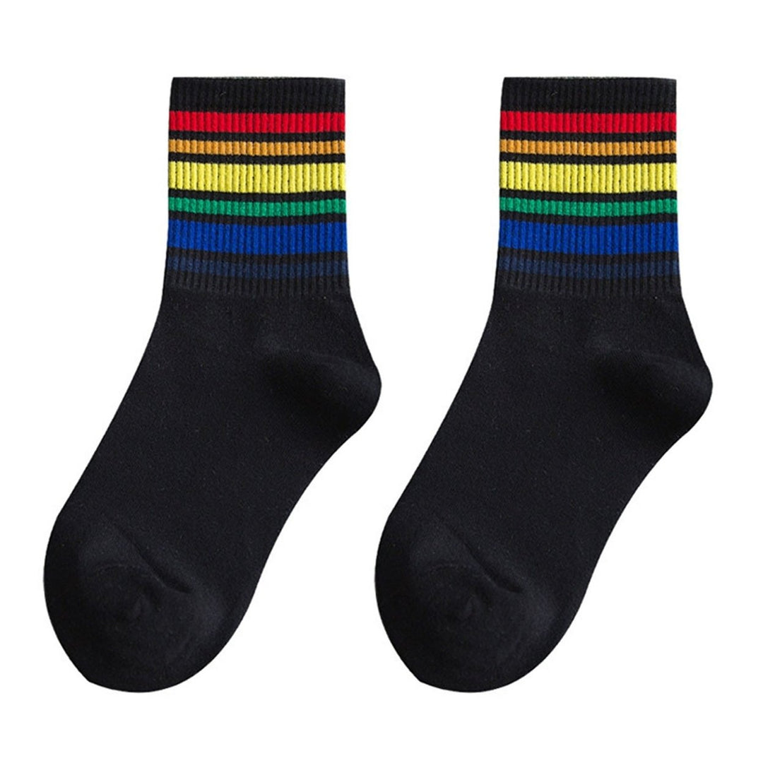 1 Pair Winter Socks Rainbow Color Striped Preppy Style Thick Anti-slip Warm Soft Mid-tube No Odor Ankle Protection Lady Image 1