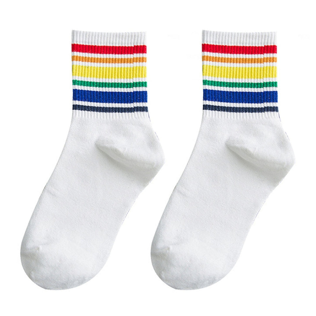 1 Pair Winter Socks Rainbow Color Striped Preppy Style Thick Anti-slip Warm Soft Mid-tube No Odor Ankle Protection Lady Image 3