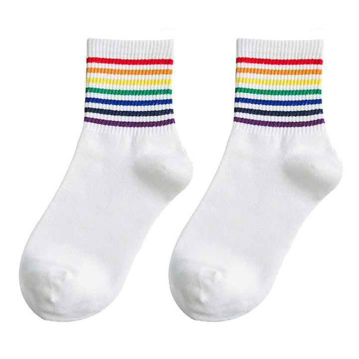 1 Pair Winter Socks Rainbow Color Striped Preppy Style Thick Anti-slip Warm Soft Mid-tube No Odor Ankle Protection Lady Image 4