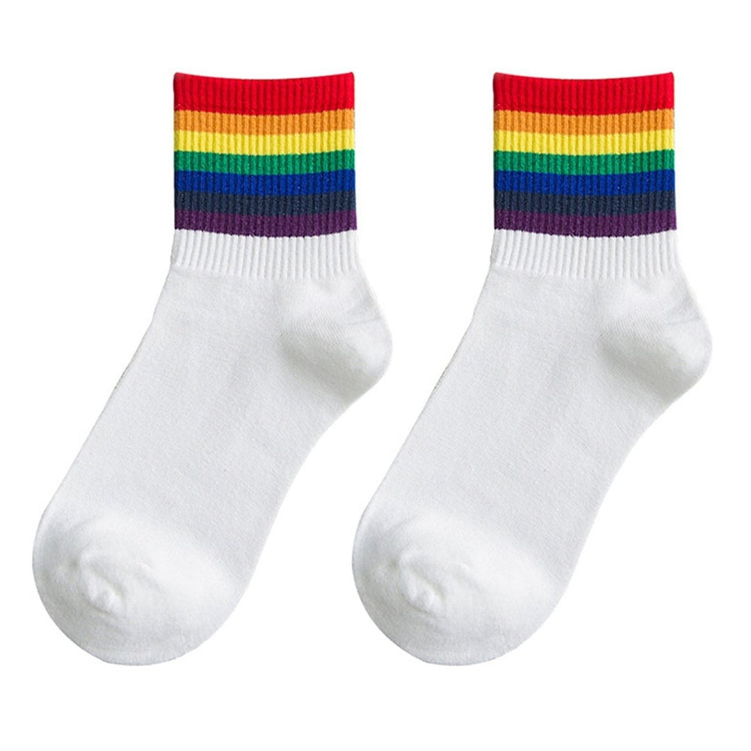 1 Pair Winter Socks Rainbow Color Striped Preppy Style Thick Anti-slip Warm Soft Mid-tube No Odor Ankle Protection Lady Image 1