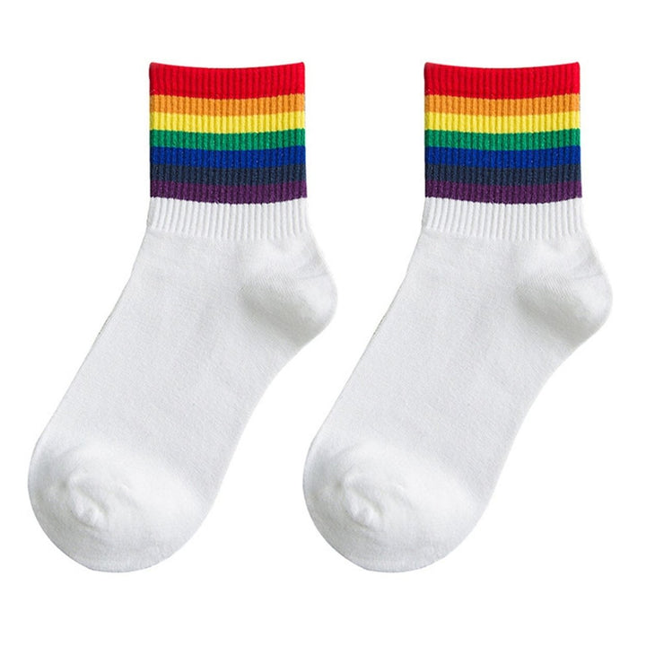 1 Pair Winter Socks Rainbow Color Striped Preppy Style Thick Anti-slip Warm Soft Mid-tube No Odor Ankle Protection Lady Image 1