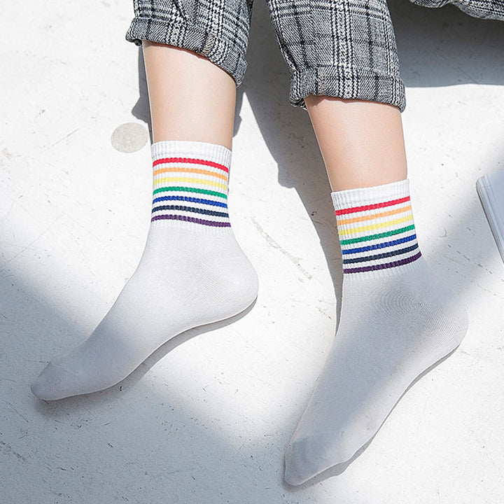 1 Pair Winter Socks Rainbow Color Striped Preppy Style Thick Anti-slip Warm Soft Mid-tube No Odor Ankle Protection Lady Image 6