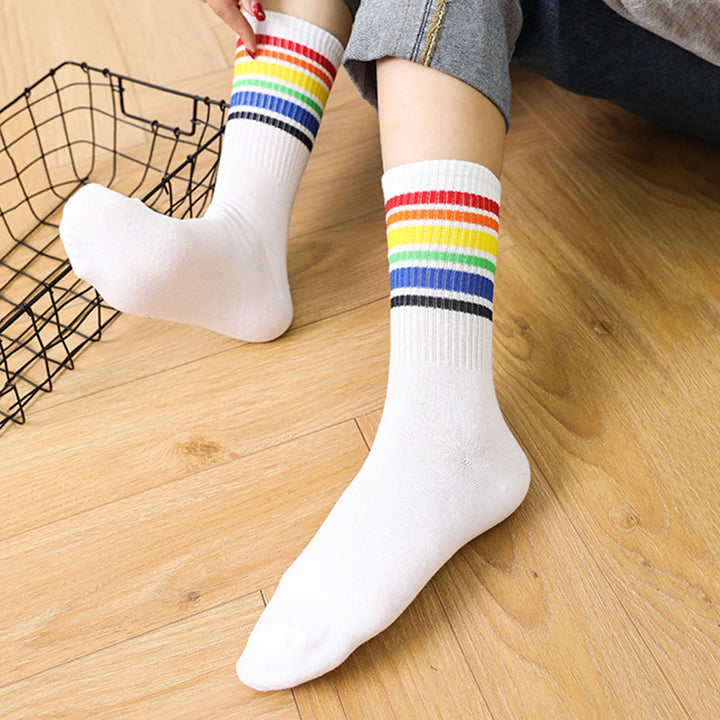 1 Pair Winter Socks Rainbow Color Striped Preppy Style Thick Anti-slip Warm Soft Mid-tube No Odor Ankle Protection Lady Image 7