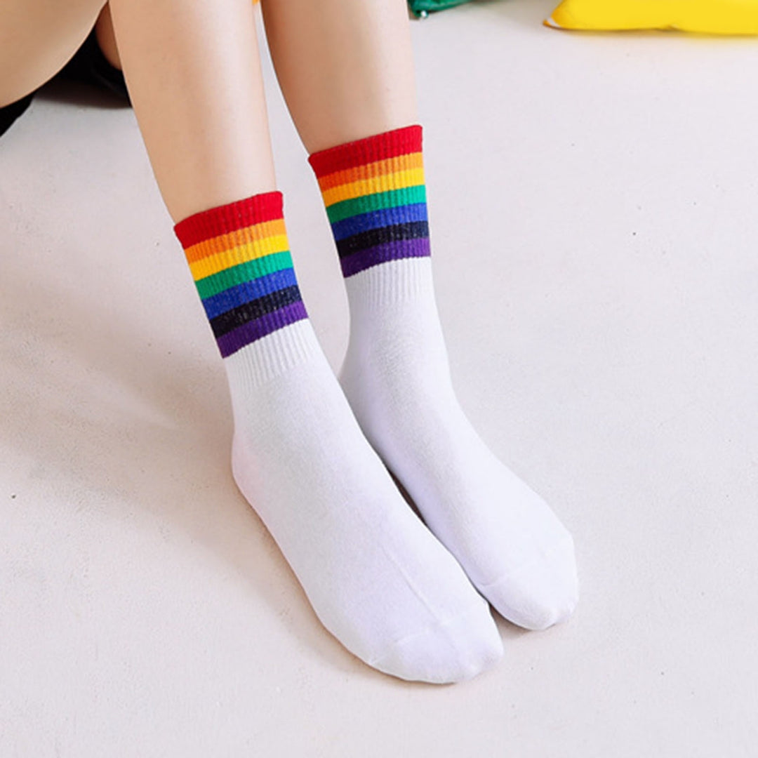 1 Pair Winter Socks Rainbow Color Striped Preppy Style Thick Anti-slip Warm Soft Mid-tube No Odor Ankle Protection Lady Image 8