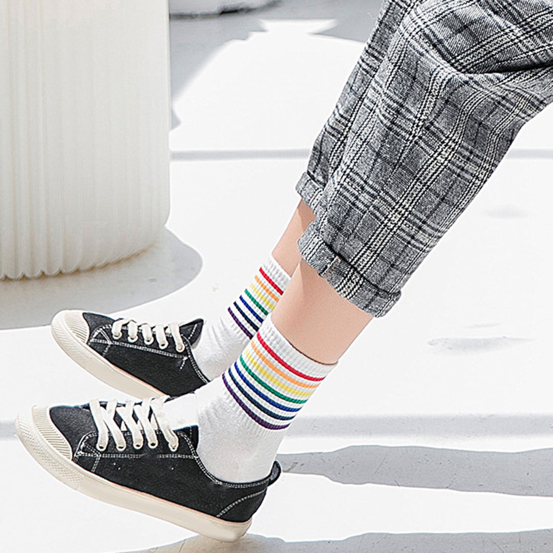1 Pair Winter Socks Rainbow Color Striped Preppy Style Thick Anti-slip Warm Soft Mid-tube No Odor Ankle Protection Lady Image 10